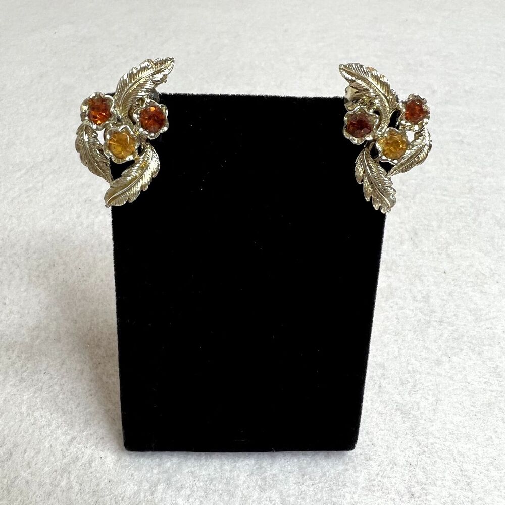 Vintage Gemstone Leaves Clip On Stud Earrings